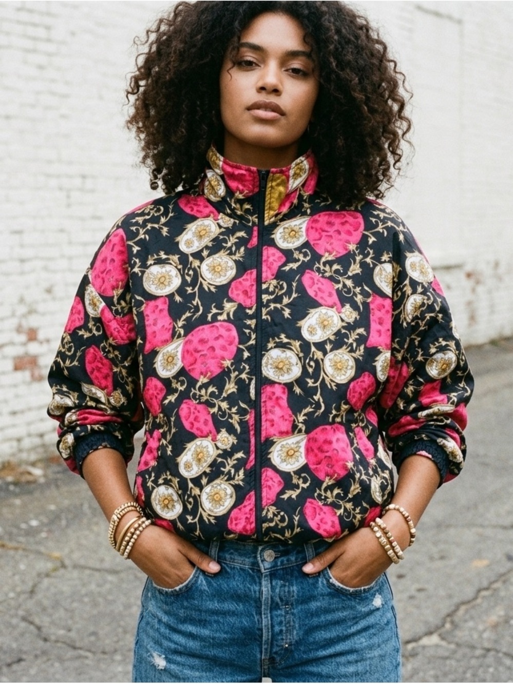 Vintage 80s 90s Mira Max Floral Women’s Windbreaker Jacket Full Zip Size M/L